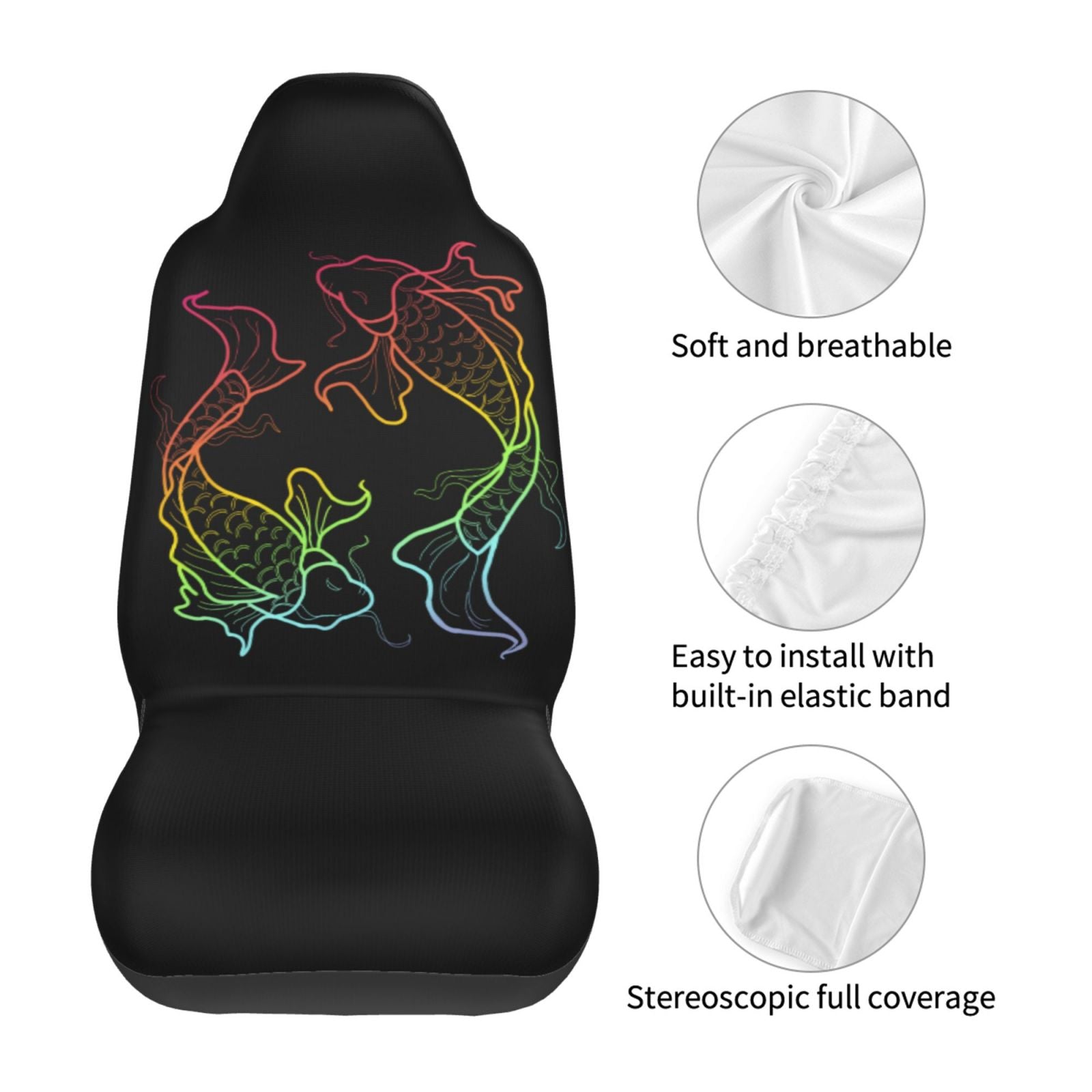 TEQUAN Front Seat Covers， Rainbow Koi Fish Pattern 2 Piece Car Seat Cover Fit Most Car SUV Truck Van