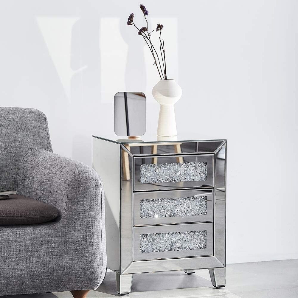 Mirrored Nightstand with 3 Drawers  Mirror Accent Silver Table for Living Room/Bedroom