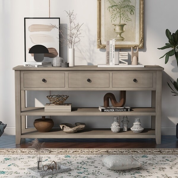 Retro Design Console Table with Two Open Shelves ， Solid Pine Frame and Legs