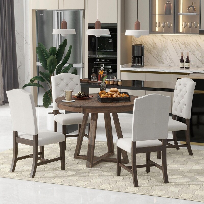 Retro 5 Piece Dining Set with Extendable Table and Upholstered Chairs