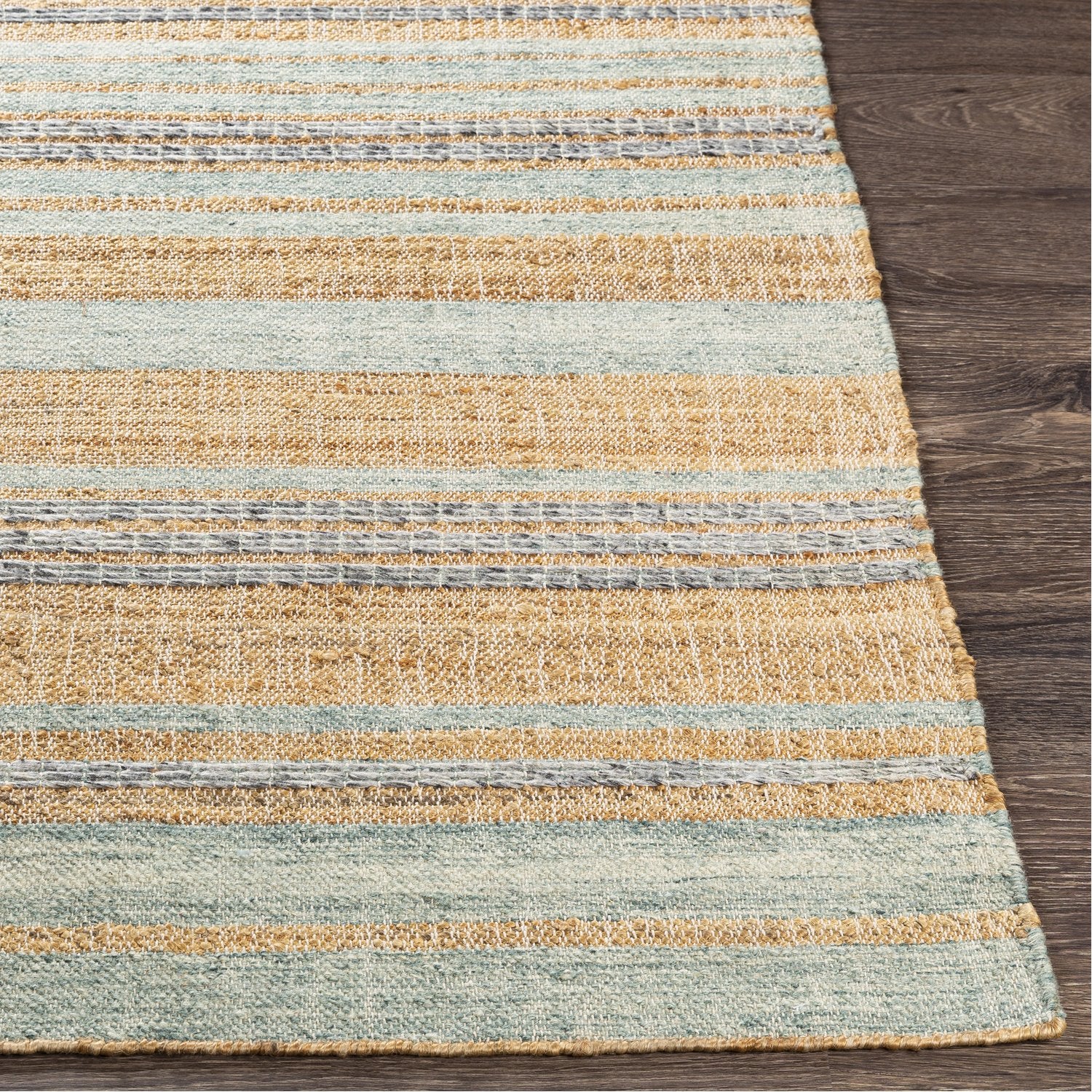 Arielle Hand Woven Rug in Wheat, Camel, Navy, Medium Gray, Mint, Sage, White