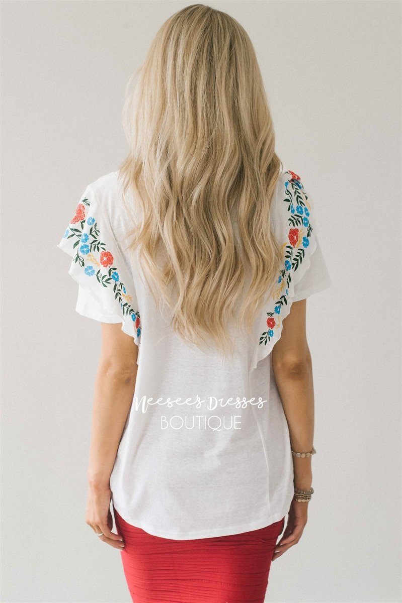 Cute Embroidered Ruffle Sleeve Top