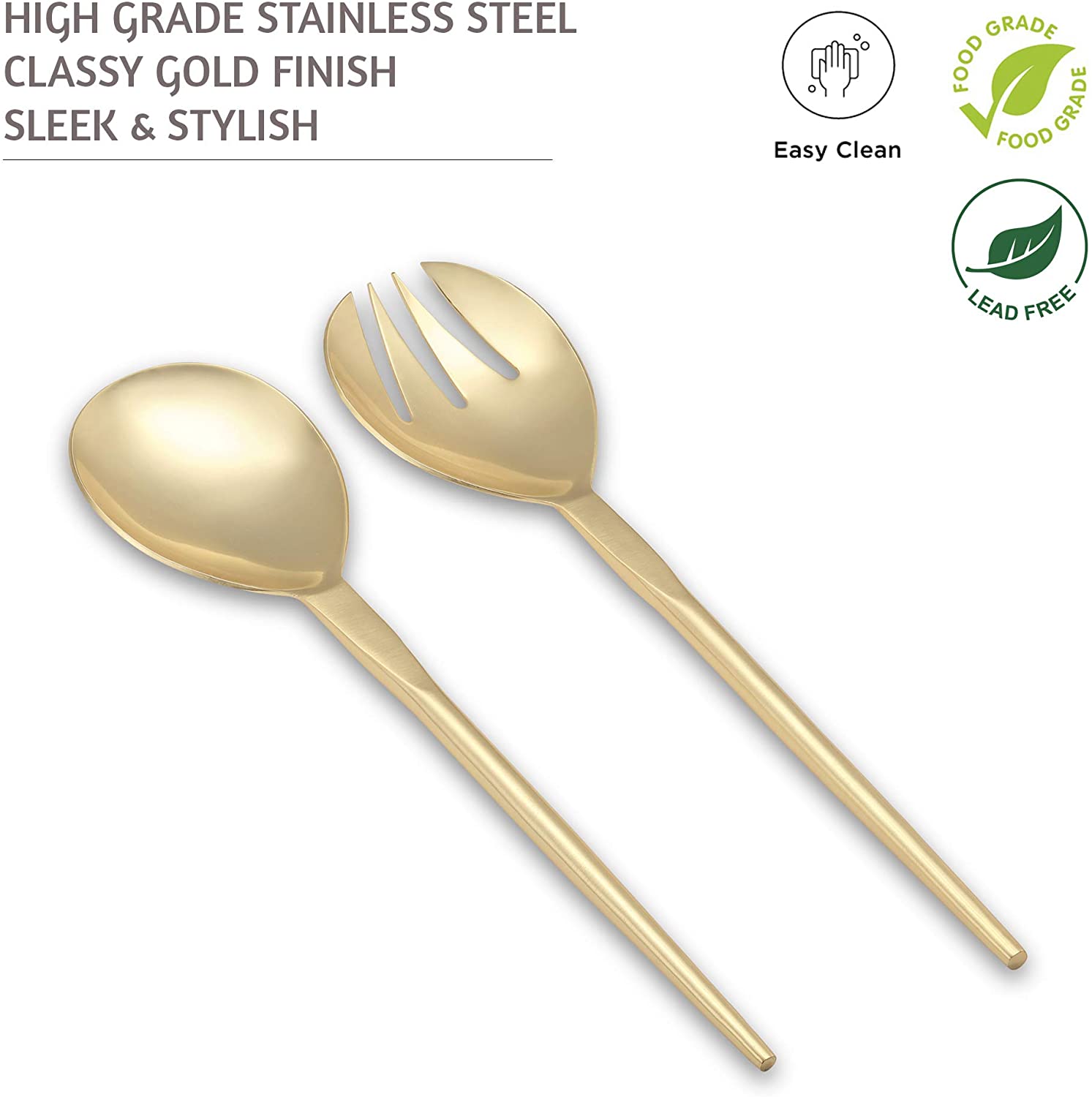 Folkulture Serving Utensils for Modern Serving and Cooking， Stainless Steel Kitchen Salad Servers or Salad Tongs， 12-Inch Serving Spoon and Fork Set for Salad， Gravies or Pasta， Gold / Brass Finish