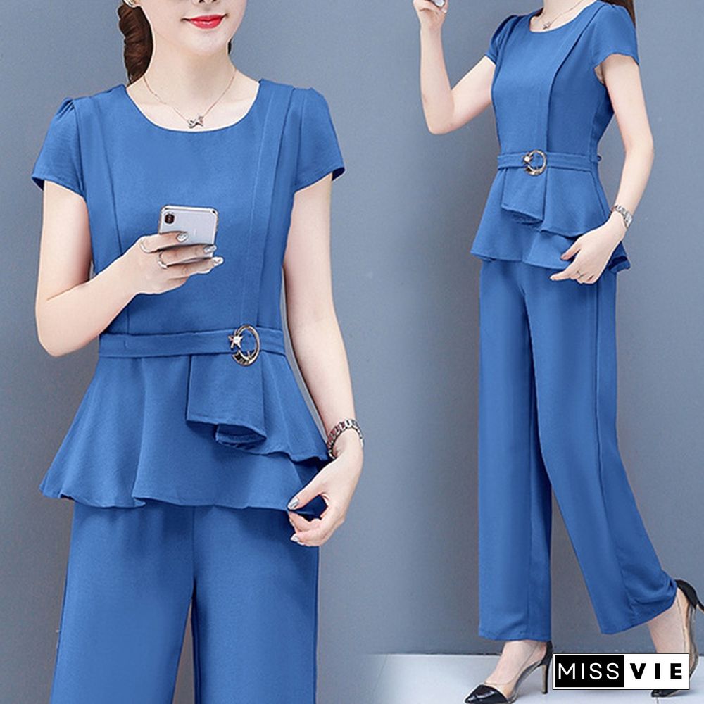 Summer 2 Two Piece Sets Outfits Women Plus Size Short Sleeve Tunics Tops And Pants Suits Office Elegant Korean Sets