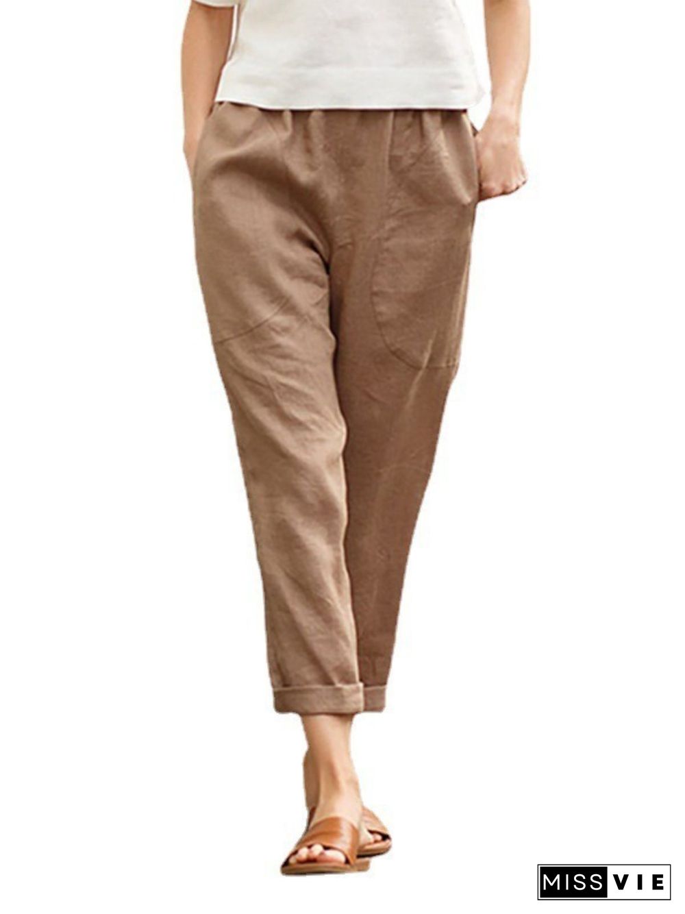 Vintage Pockets Plain Plus Size Casual Pants