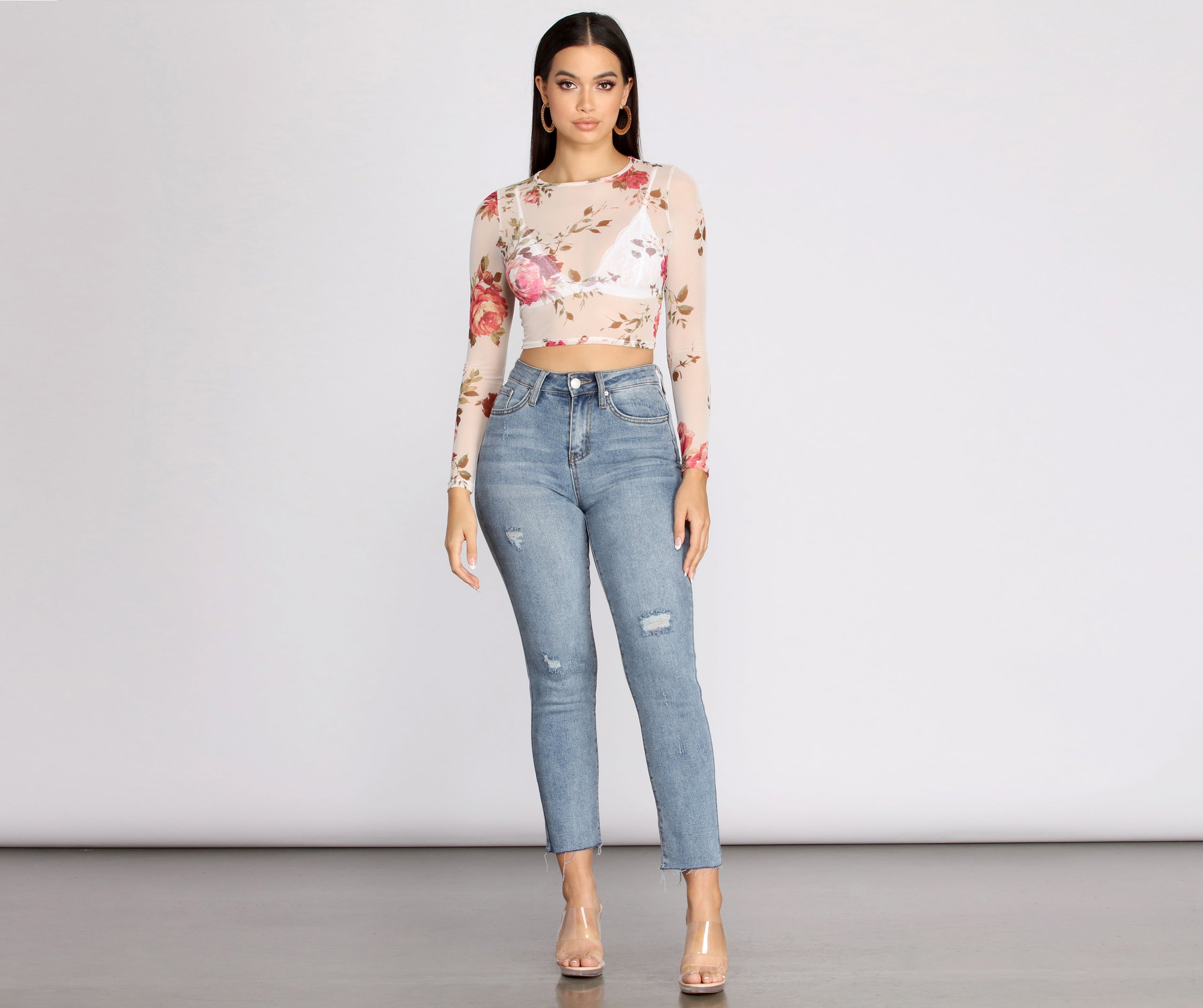 Sweet Floral Mesh Crop Top