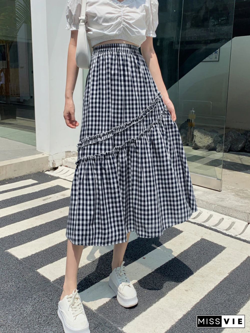 Cotton Linen Plaid Skirt Women Summer Korean Fashion High Waist Mid-length Skrits Female Retro A-line Faldas Mujer