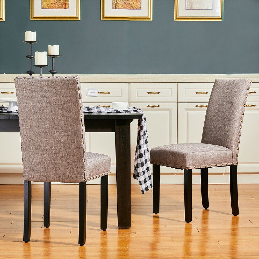 Glitzhome 38''H Set of 2 High Back Linen Fabric Studded Dining Chairs with Footpads