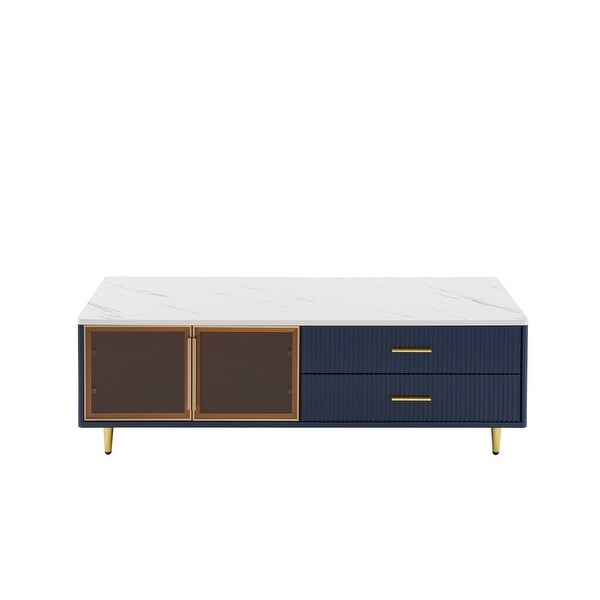 Coffee Table with 2 Glass Door Storage 4 Drawers Gold Metal Legs and MultiColor Lighting in 47.2''