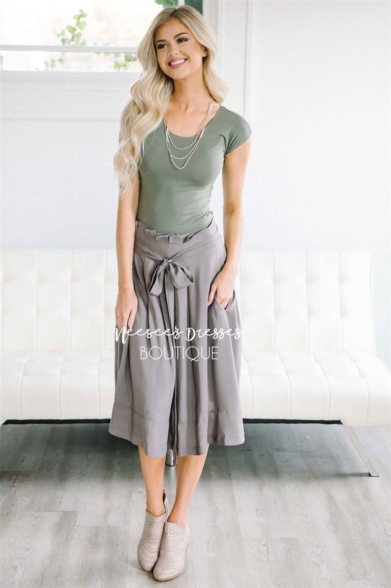 Muted Gray Tie Waist Full Skirt