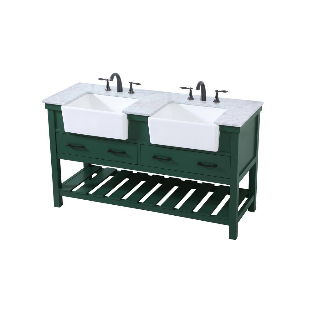 Timeless Home Double Sink 22 in. W x 60 in. D x 34.125 in. H Bath Vanity in Green with Carrara White Marble Top TH120320DGN