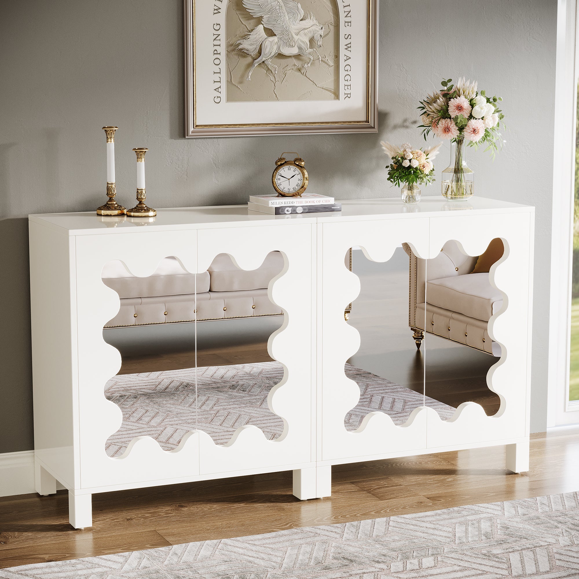 59 Sideboard Buffet, Kitchen Storage Cabinet Console Table with Mirror Doors