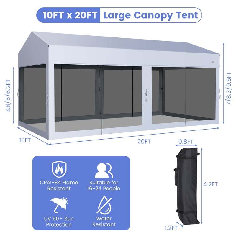 10 x 20 FT Pop-Up Canopy Tent Car Garage Shelter Screen House Party Tent with Removable Sidewalls & Wheeled Bag