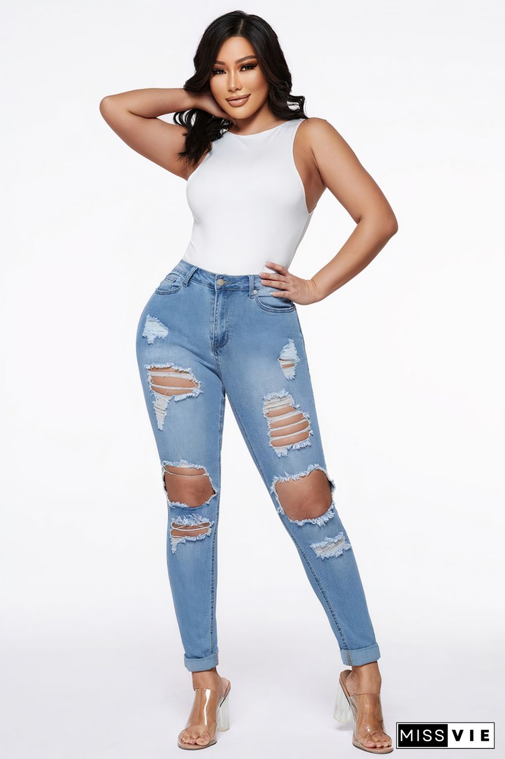 Plus Distressed Raw Hem Mid Rise Skinny Jeans