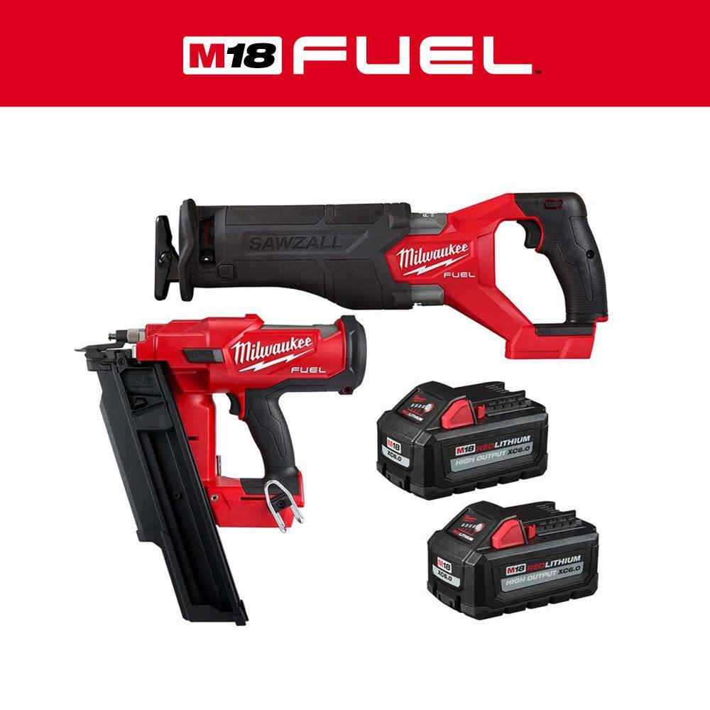 MW M18 FUEL GEN-2 18V Lithium-Ion Brushless Cordless SAWZALL w3-12 in. 21-Degree Framing Nailer Two 6Ah HO Batteries 2821-20-2744-20-48-11-1862