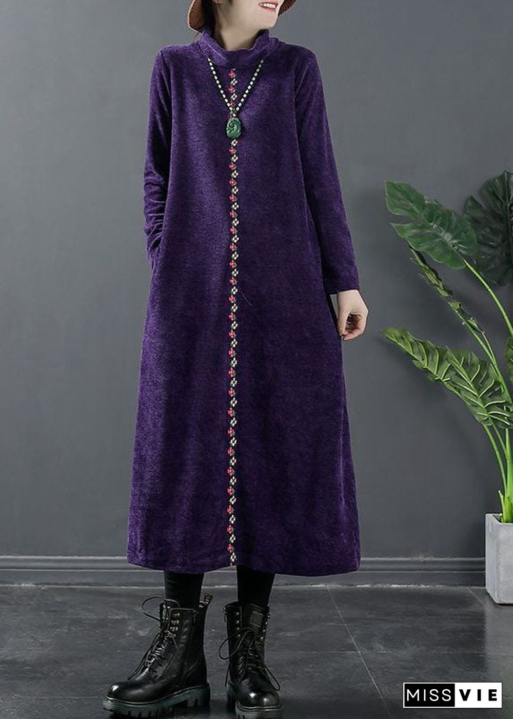 Fitted Purple Turtle Neck Woolen Maxi Dress Winter