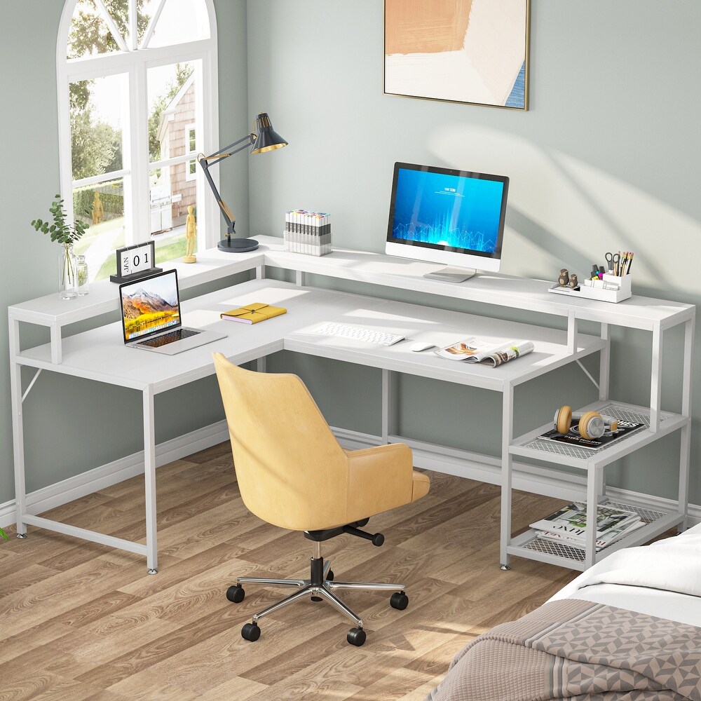 Reversible L Shaped Desk with Monitor Shoelf  Large Computer Desk for Office Home