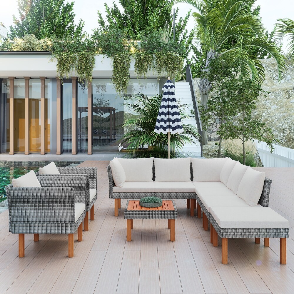 9 Piece Outdoor Patio Garden Wicker Sofa Set  Gray PE Rattan Sofa Set  with Wood Legs  Acacia Wood Tabletop  Armrest Chairs