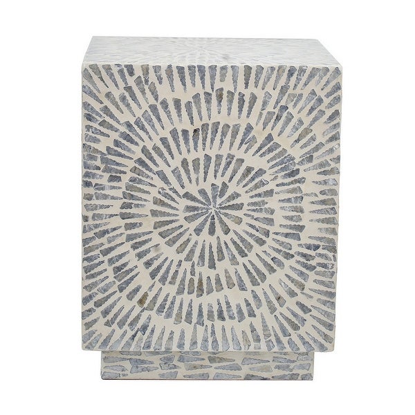 18 Inch Modern Capiz Accent Table Stool， Square， Gray Starburst Pattern