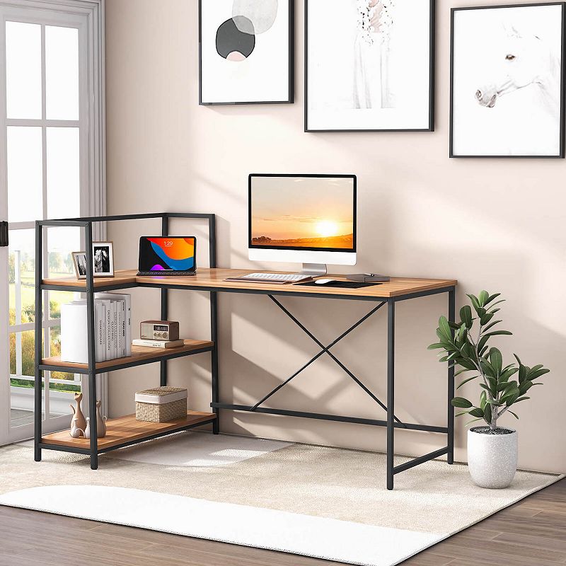 Reversible L Shaped Computer Corner Workstation with 3-Tier Open Shelf