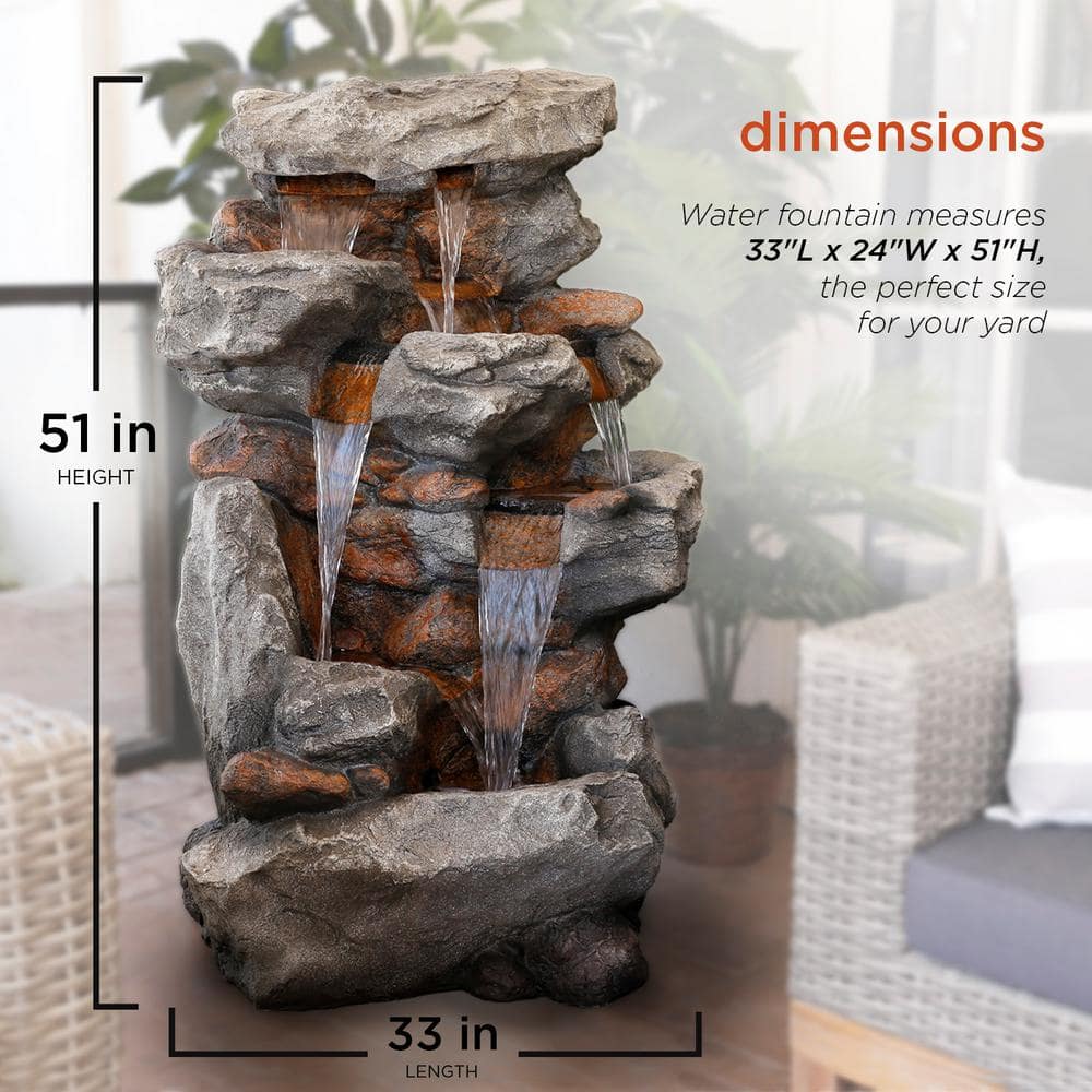 Alpine Corporation 52 in. Tall Outdoor 5-Tier Rainforest Rock Water Fountain with LED Lights WIN730