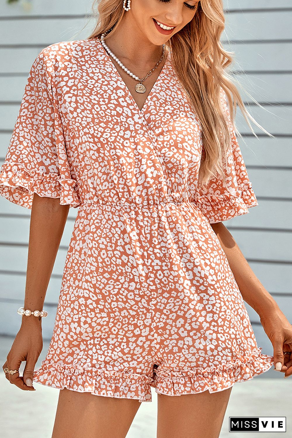 V Neck Printing Short One Piece Jumpsuit