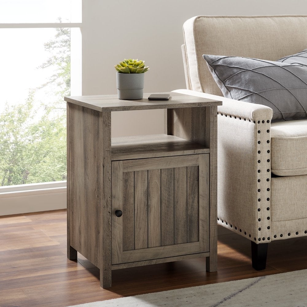 Modern Open Shelf End Table， Grey Wash