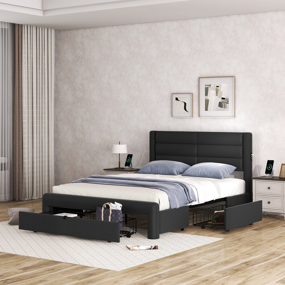 Queen Storage Bed Leather Upholstered Wood Platform Bed Frame w/ Footboard Drawers  Charging Station Headboard  2 Side Drawers