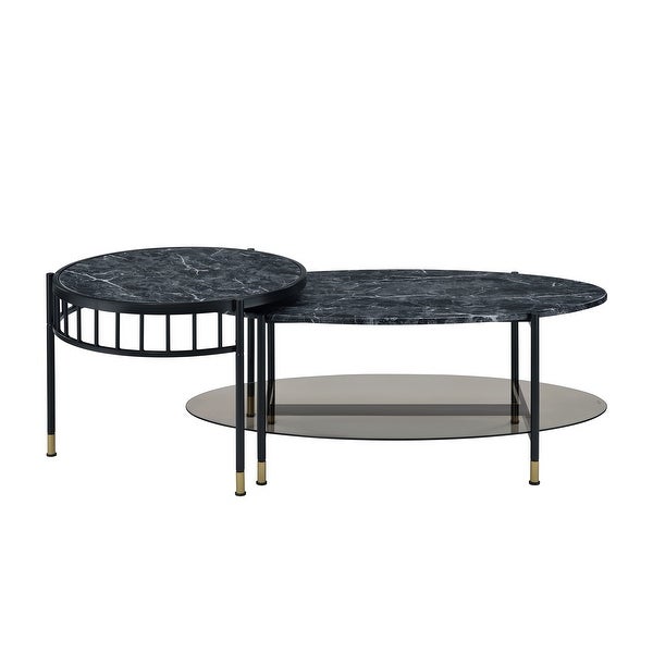 Nesting Coffee Table with 2 Pc Nesting Table Set and Marble Grain Table Top， Center Table with Metal Lags for Living Room， Office