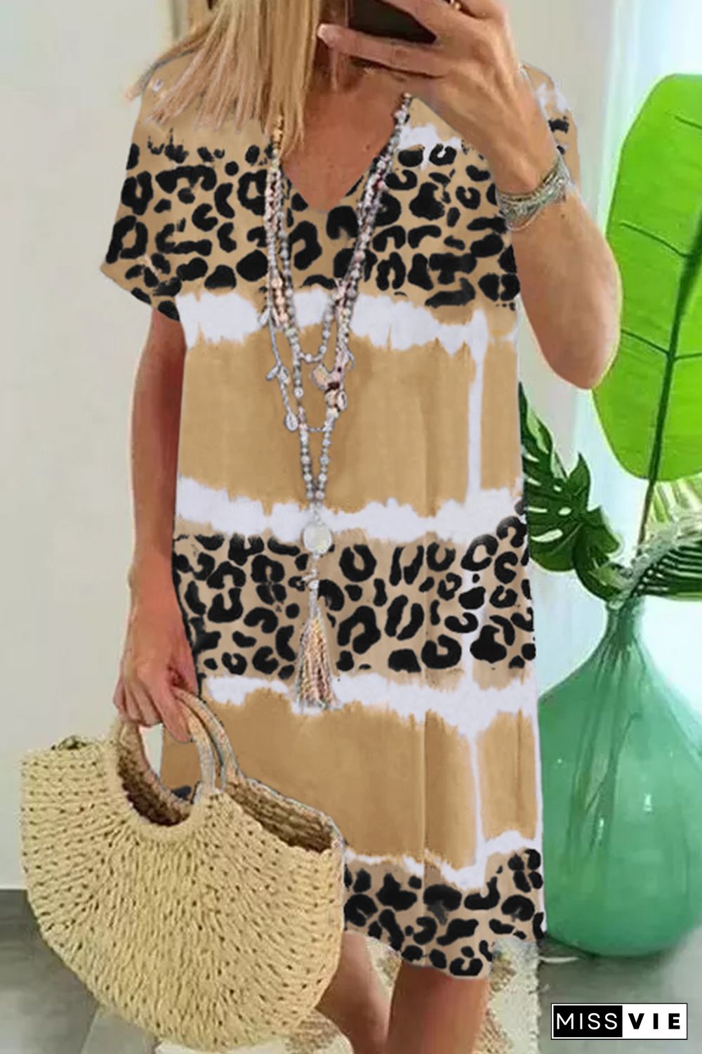 Yellow Leopard Color Block V-Neck T-shirt Dress