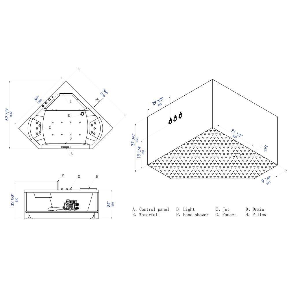 EAGO 60 in. Acrylic Right Drain Corner Apron Front Whirlpool Bathtub in White AM156ETL