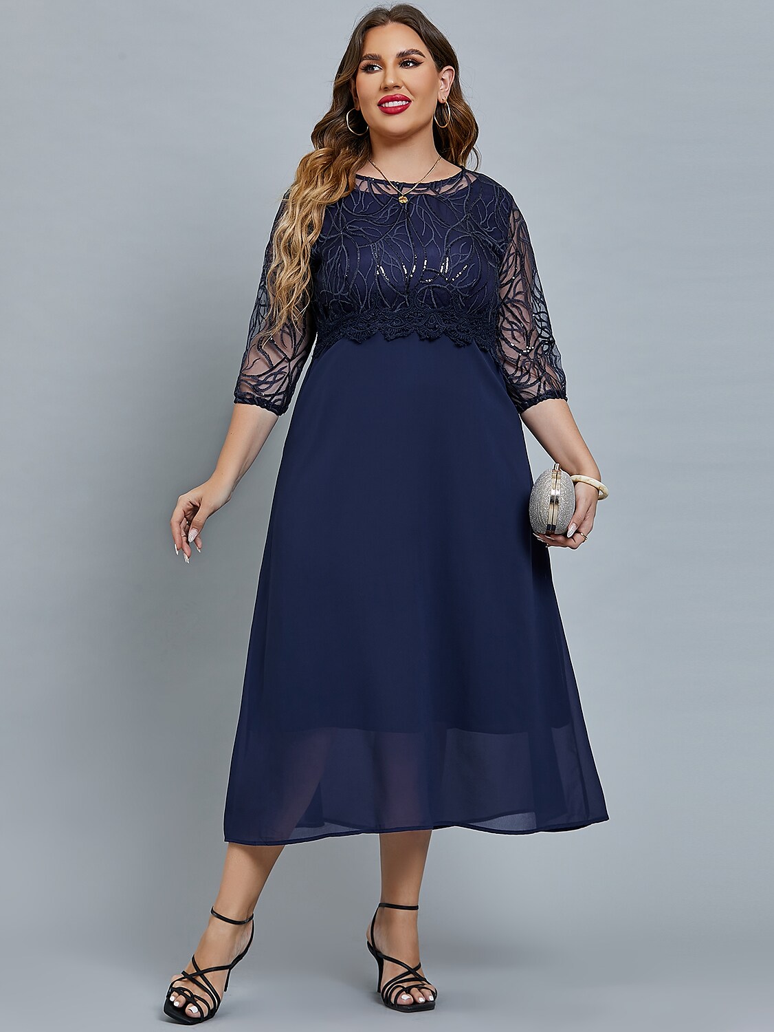 Women's Plus Size Curve Party Dress Floral Crew Neck Print 3/4 Length Sleeve Fall Spring Elegant Prom Dress Maxi long Dress Formal Party Dress / Mesh