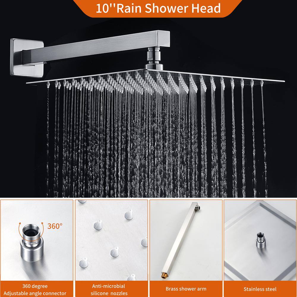 Zalerock Rainfall 1-Spray Square 10 in. Shower System Shower Head with Handheld in Brushed Nickel (Valve Included) KSA022