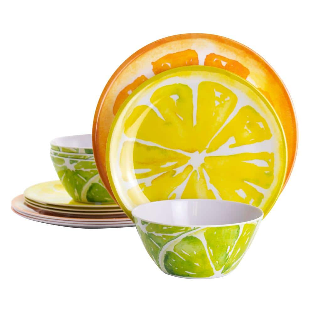 Gibson Home Sunny Citrus 12-Piece Assorted Designs Round Melamine Dinnerware Set (Service for 4) 985114300M