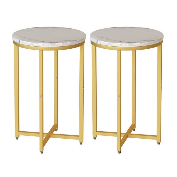 Set of 2 Round End Side Table with Faux Marble Top and Metal Frame for Living Room Bedroom Balcony Small Space