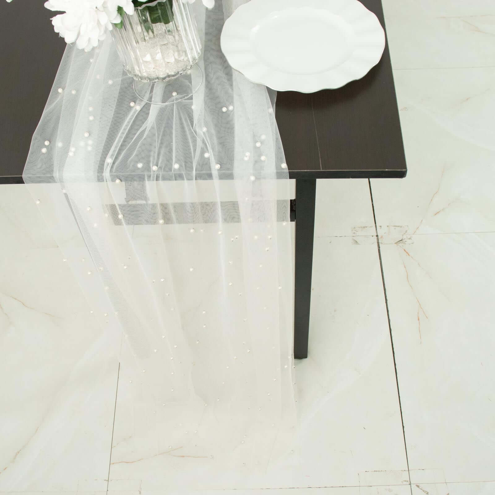 White Pearl Embellished Sheer Tulle Table Runner, Elegant Formal Table Linen 48