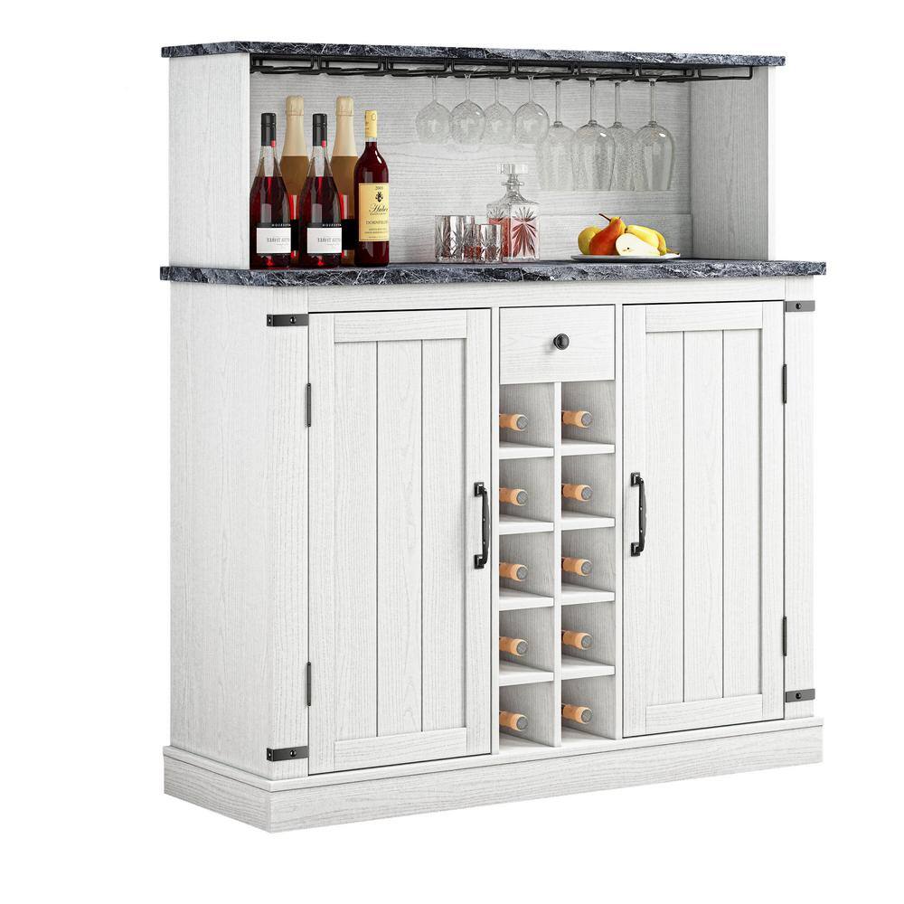 FESTIVO 47 in. Cut-Off White Wood Buffet Bar Cabinet with Wine Rack with Granite Pattern Countertop FWC21178