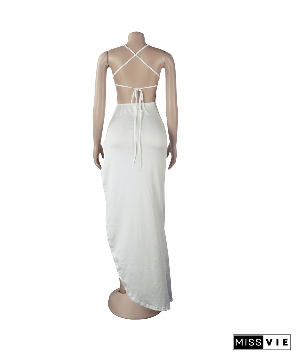 Women Sexy Solid Backless Halter Sling Bandage High Side Slit Slinky Evening Party Long Maxi Dress