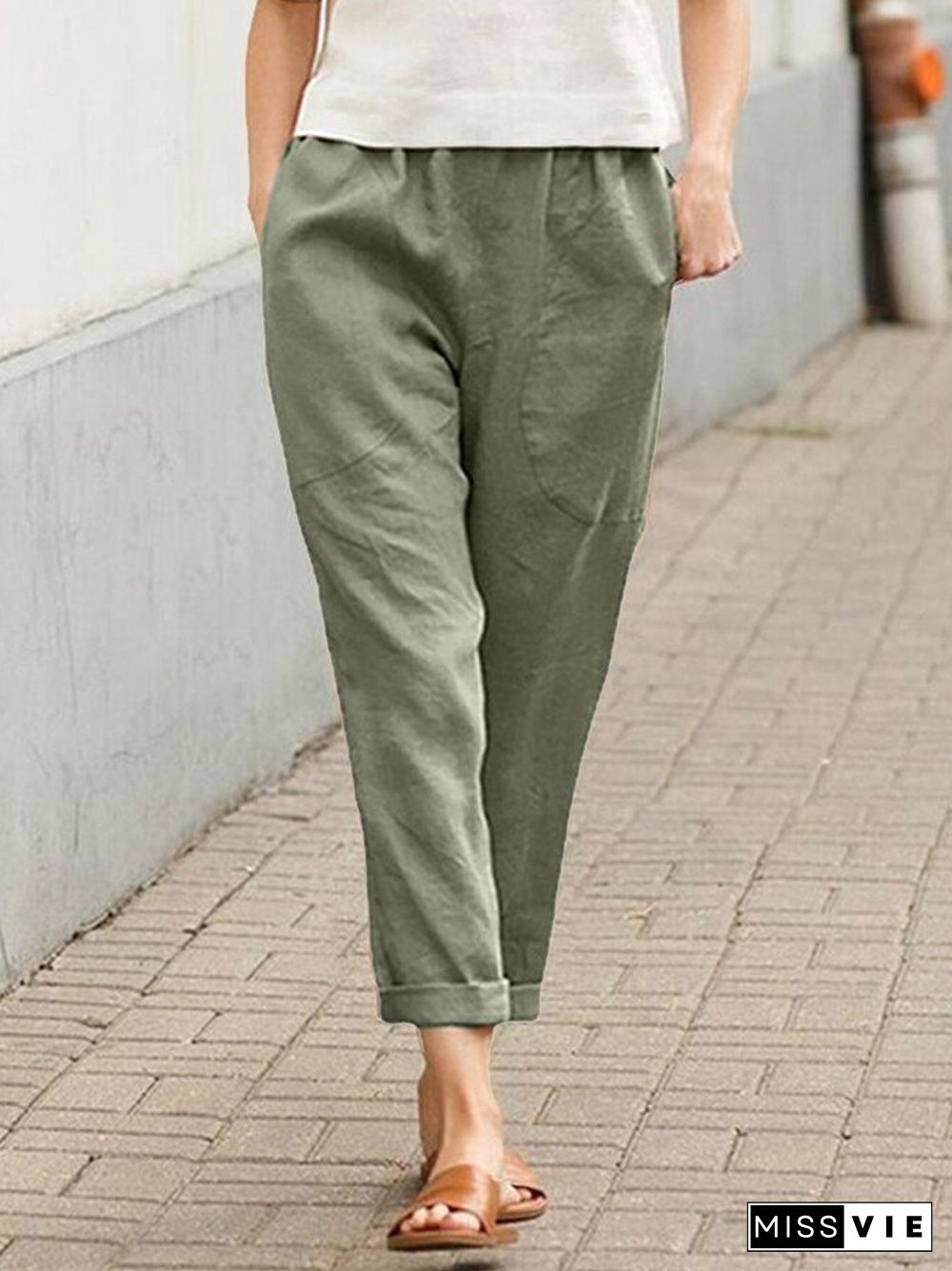 Women's Cotton Linen Solid Color Loose Pocket Harem Pants