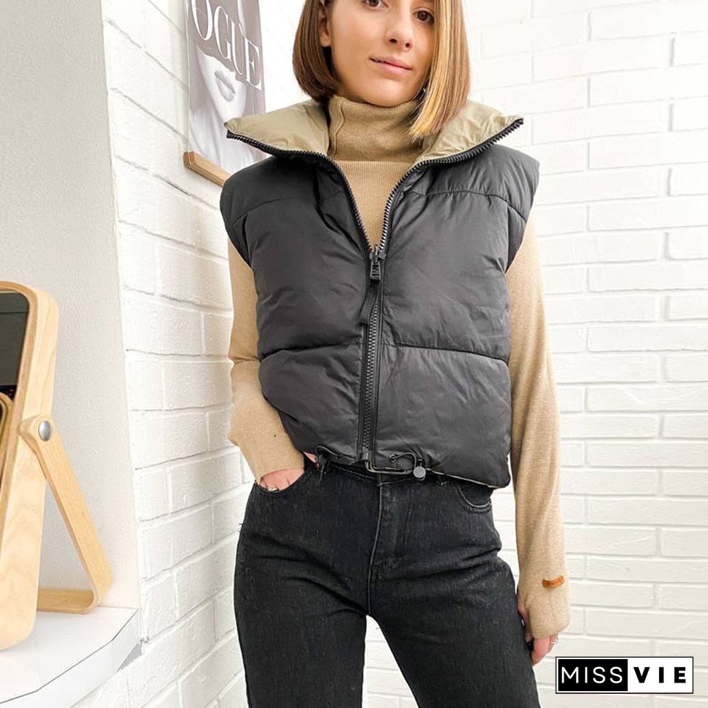 Autumn Winter Women Fashion Double-Sided Jacket Coat Vintage Black Warm Sleeveless Cotton Outwear Female Casual Short Tops