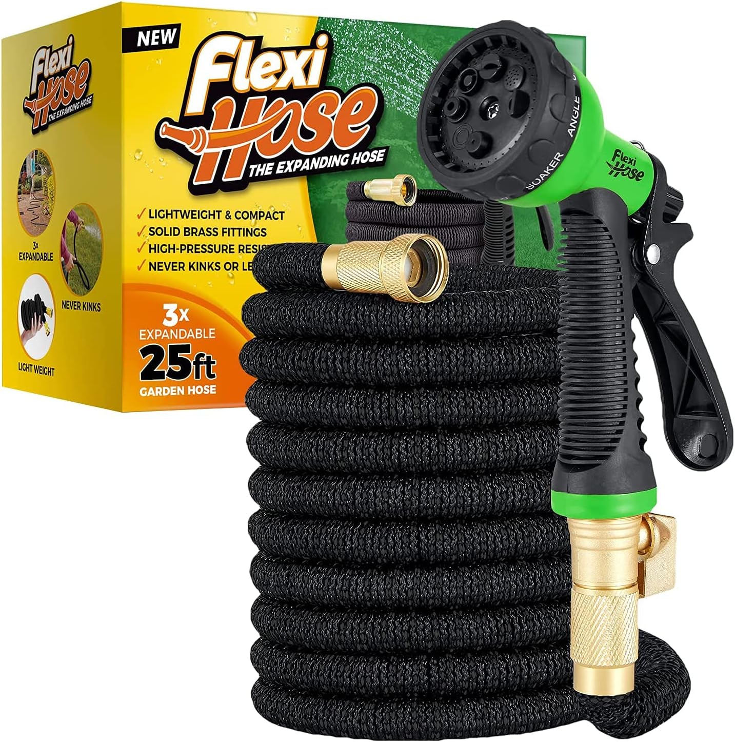 Flexi Hose with 8 Function Nozzle Expandable Garden Hose, Lightweight & No-Kink Flexible Garden Hose, 3/4 inch Solid Brass Fittings and Double Latex Core, 50 ft Blue Black