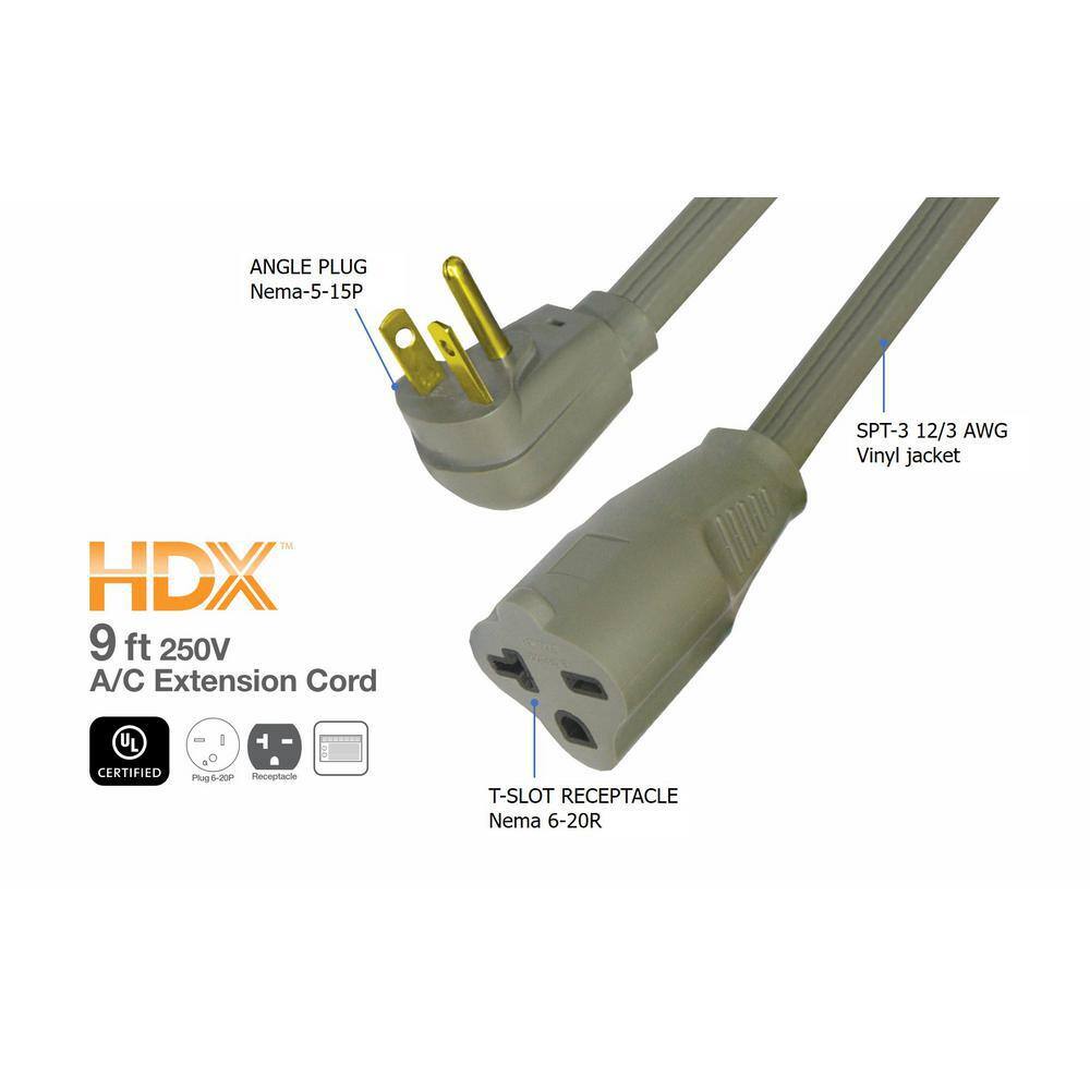 HDX 9 ft. 123 20 Amp 250-Volt Air Conditioner Extension Cord Grey HD#188-327