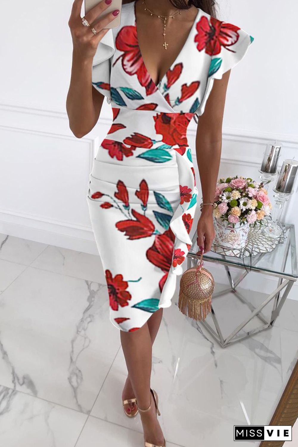 Casual Print Flounce V Neck Pencil Skirt Dresses(10 Colors)