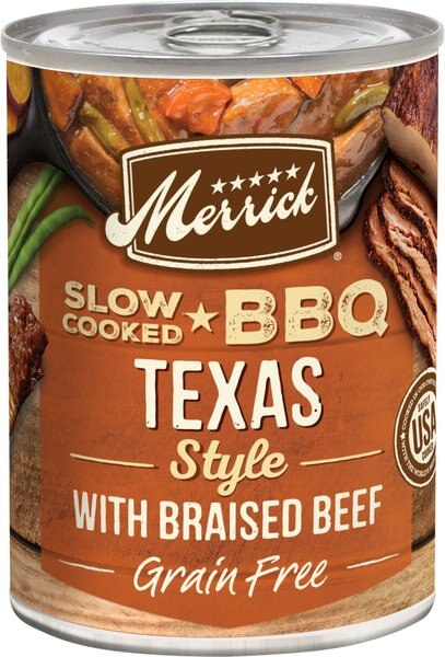 Merrick Slow-Cooked BBQ Texas Style Braised Beef Recipe Grain-Free Canned Dog Food， 12.7-oz can， case of 12