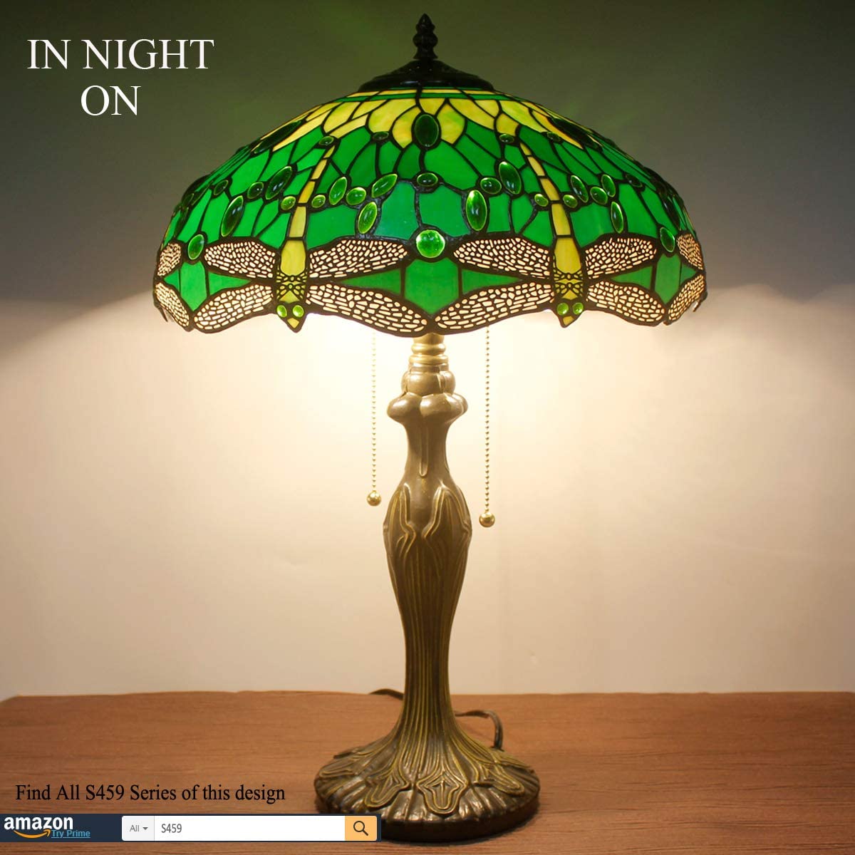 Tiffany Style Table Lamp Green Stained Glass Dragonfly Bedside Lamp 16X16X24 Inch Desk Reading Light Metal Base Decor Bedroom Living Room Home Office S459 Series