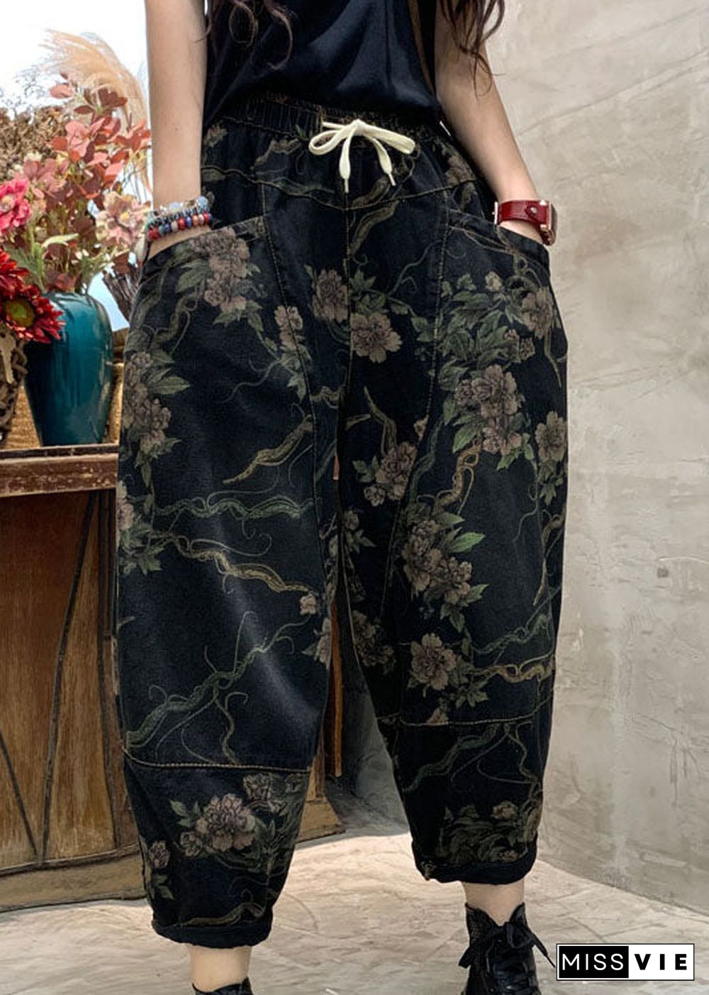 Unique Black retro Cinched Print denim Pants Trousers Spring