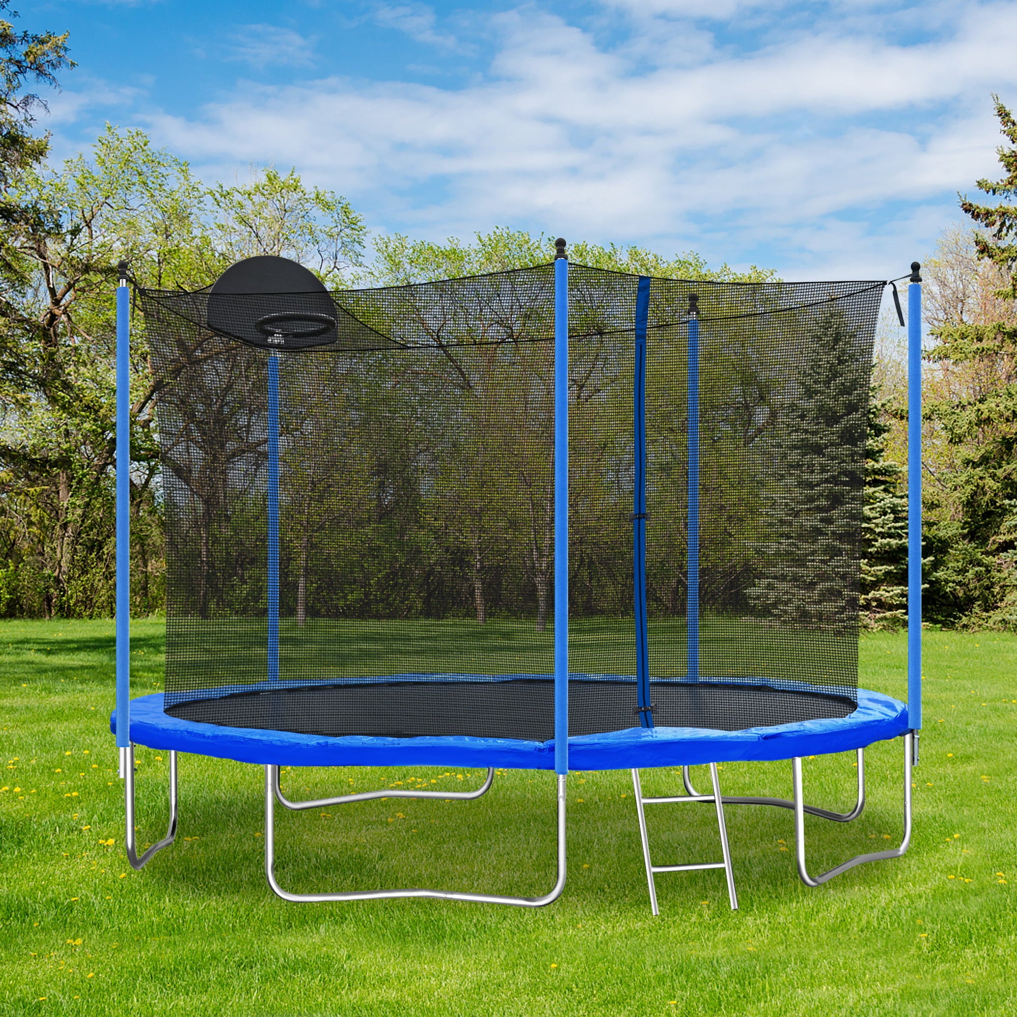 12FT Kids Trampoline Thickened - Large Heavy-Duty Trampoline with Hoop， All-Weather Trampolines with High Density Net and 5 Steel Support， Outdoor Lawn Garden Yard Trampolines， Blue