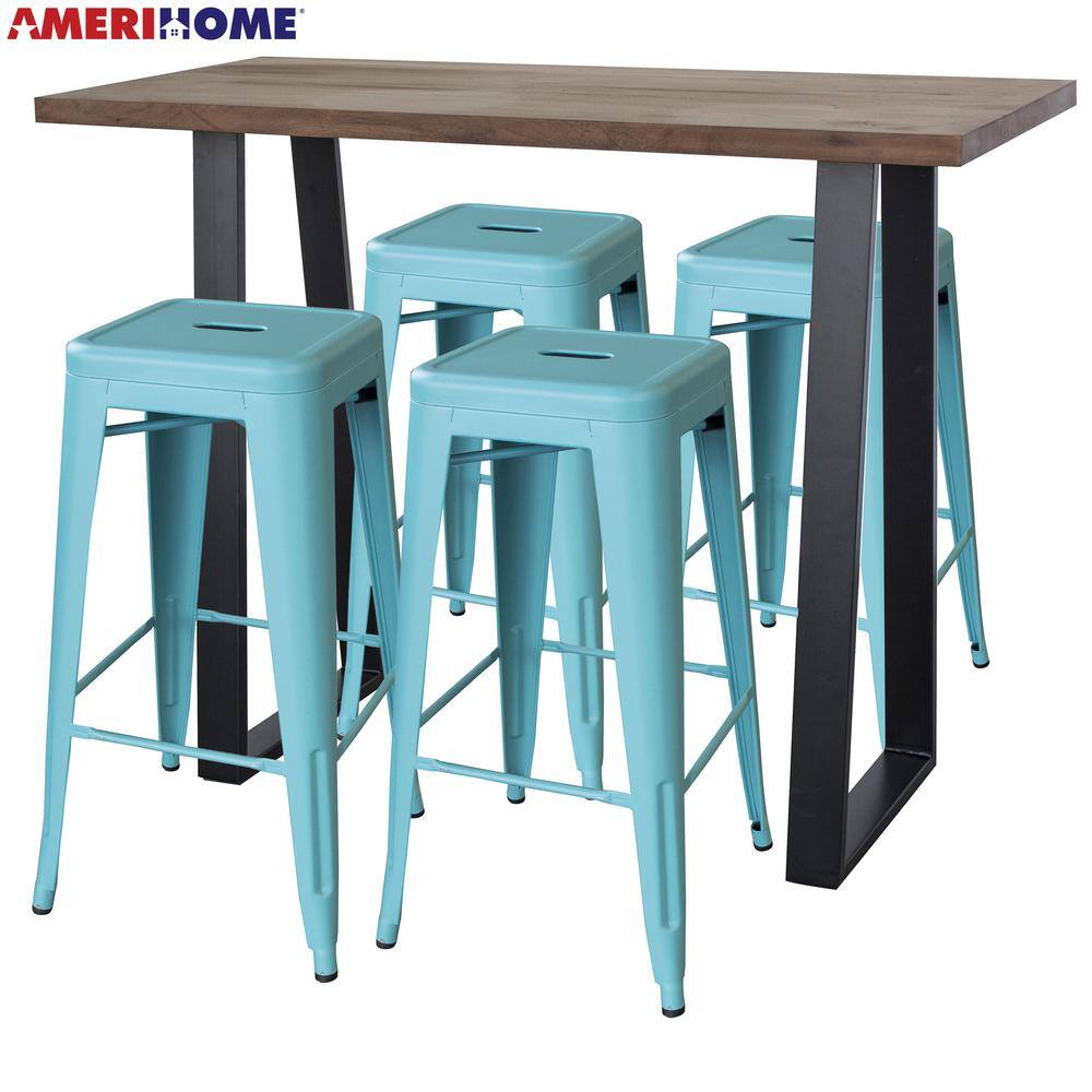 AmeriHome Teal Acacia Wood Top Bar Height Pub Set with Teal Bar Stools (Set of 5) AWBTTL4