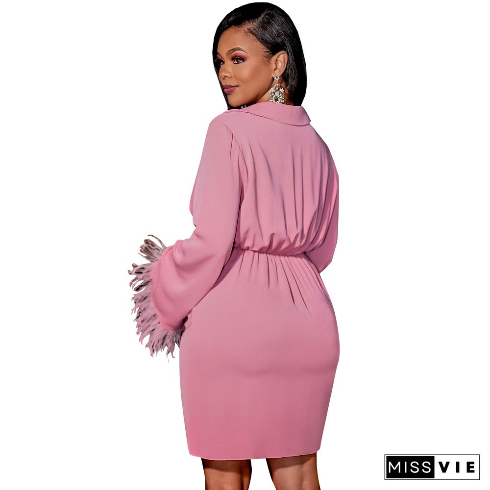 Feather Patchwork Long Sleeve Bodycon Mini Dress