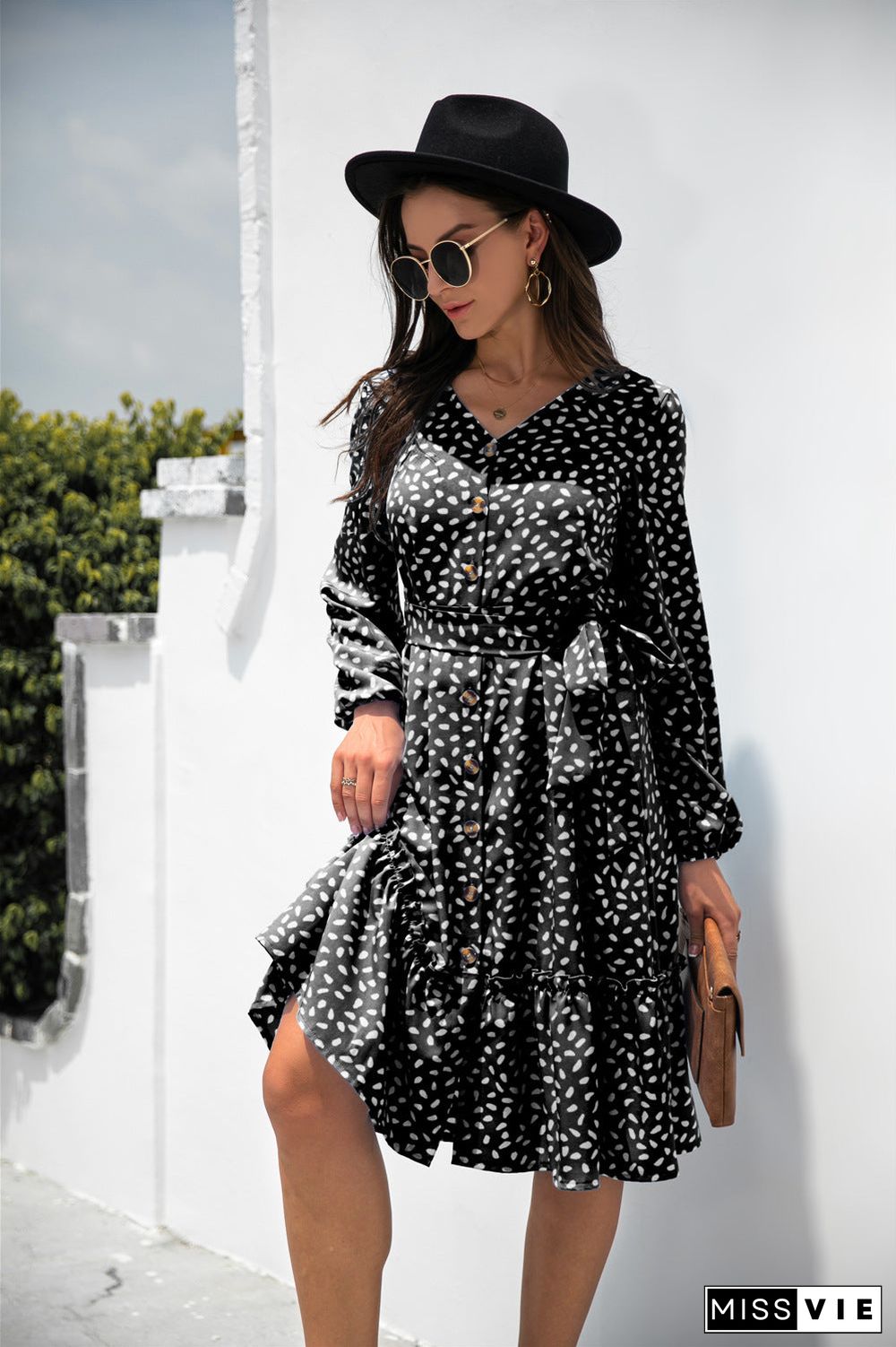 Dot Print Button Ruffle Tunic Dress